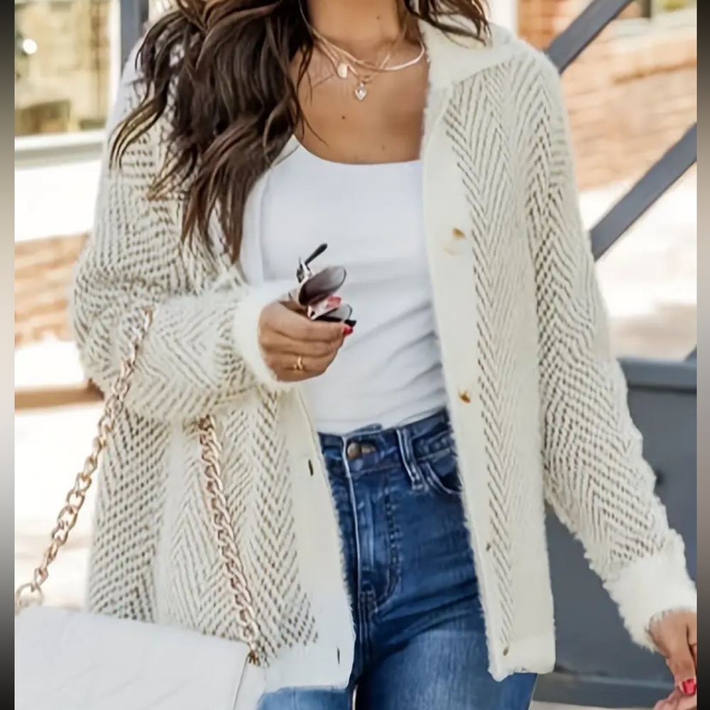 Button Up Cardigan, Casual Turndown Collar Long Sleeve Sweater For Fall & Winter